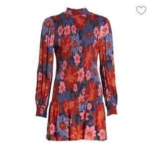 Farm Rio Garden Navy Blue Smocked Floral Print  Mini Dress Size Medium